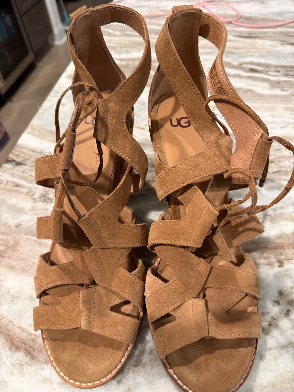 UGG Tan Suede Strappy Lace-Up Heels